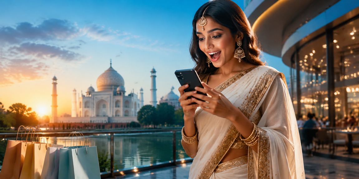 Indian woman making UPI payment using mobile app near Taj Mahal in Agra