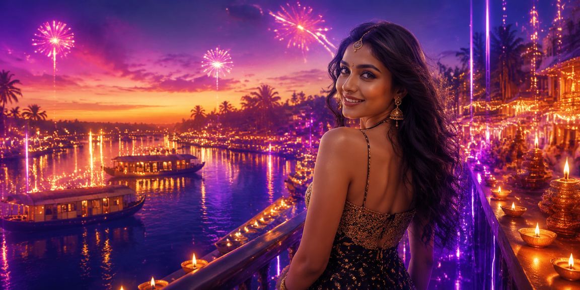 Festive lights reflecting on Kerala backwaters with entertainment vibe