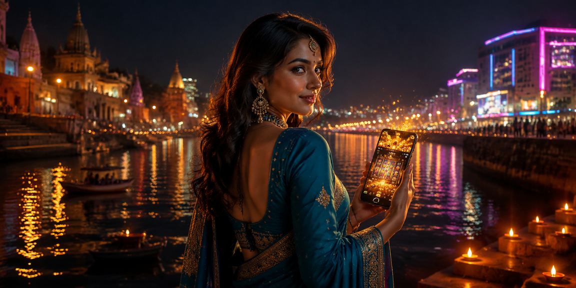 Indian woman enjoying Teen Patti game on mobile at Varanasi Ghat